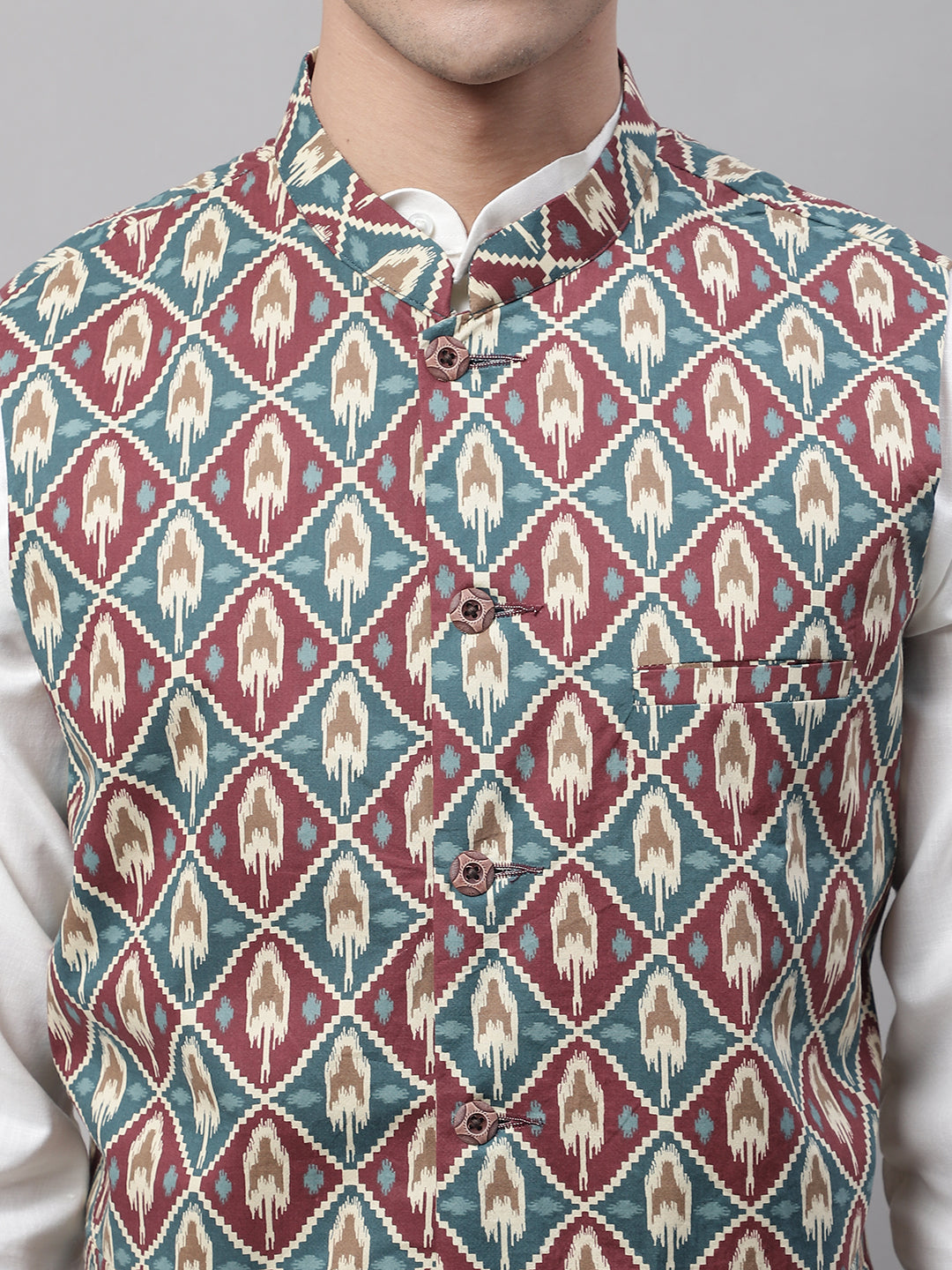 Jompers Men's Teal and Maroon Printed Waistcoats | Grocsy