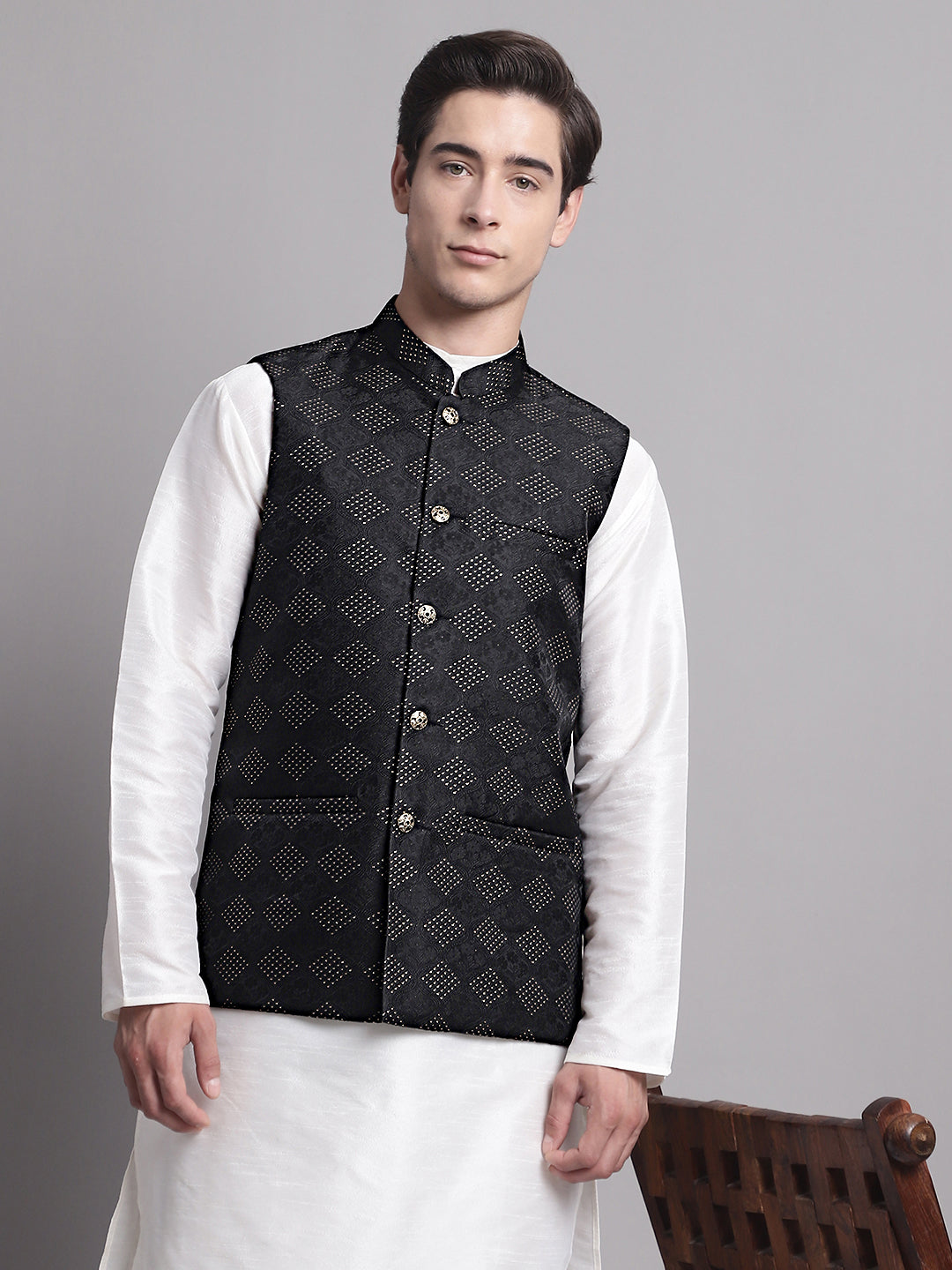 Jompers Men's Black Woven Design Nehru Jacket | Grocsy