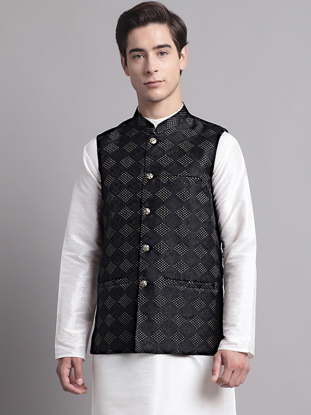 Jompers Men's Black Woven Design Nehru Jacket | Grocsy