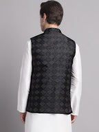 Jompers Men's Black Woven Design Nehru Jacket | Grocsy