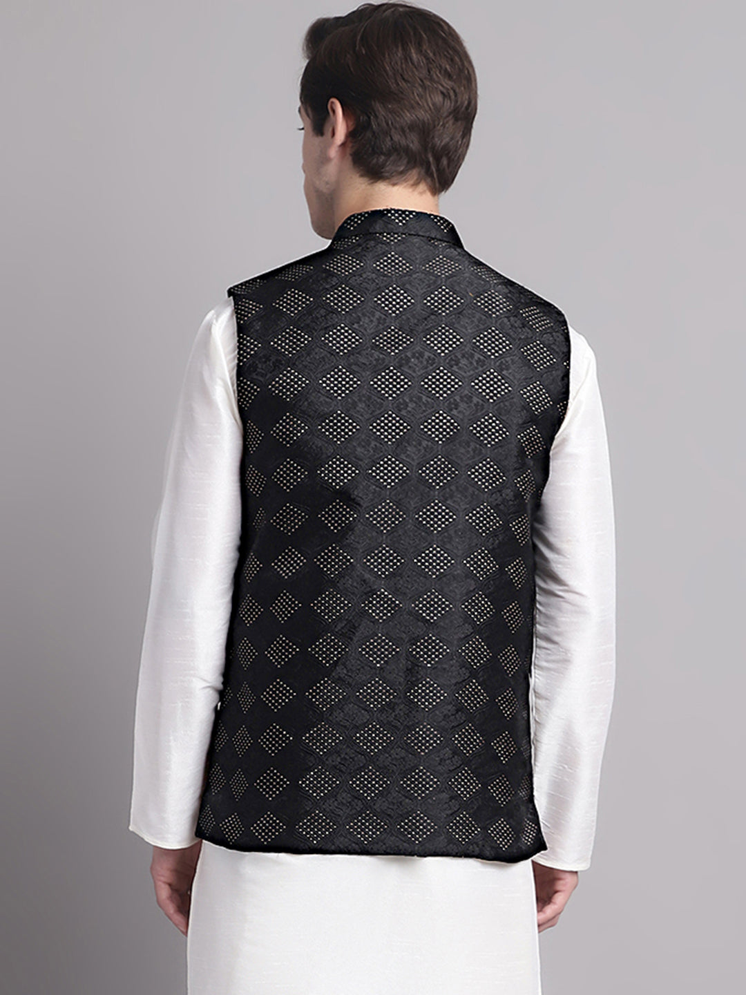 Jompers Men's Black Woven Design Nehru Jacket | Grocsy