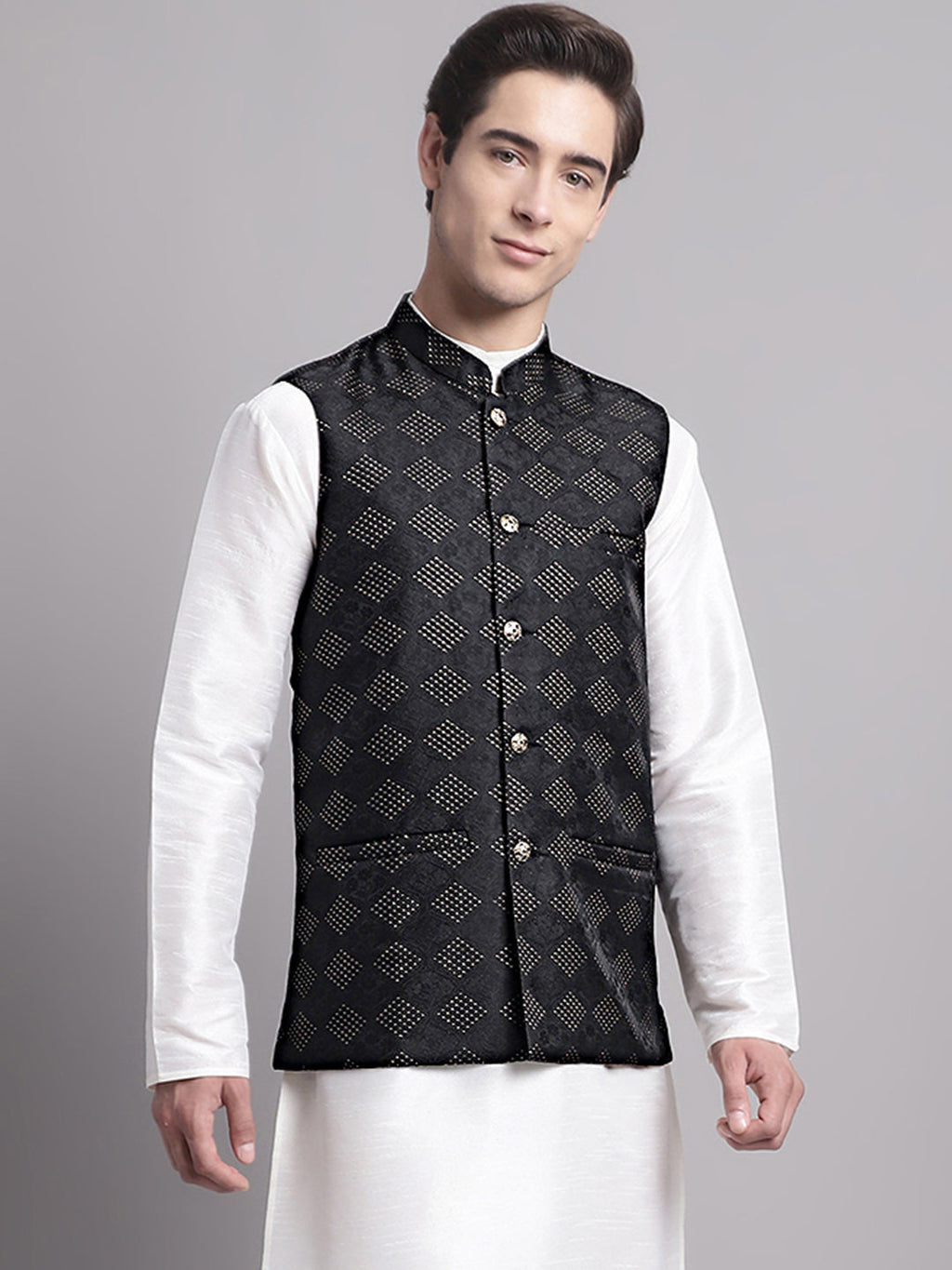 Jompers Men's Black Woven Design Nehru Jacket | Grocsy