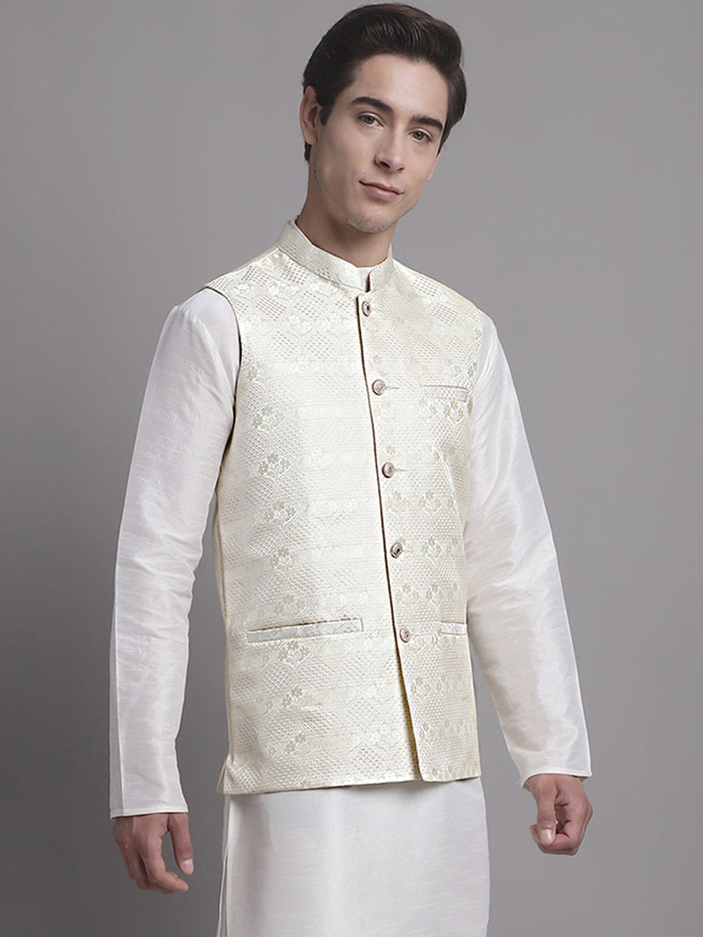 Jompers Men's Cream Woven Design Nehru Jacket | Grocsy