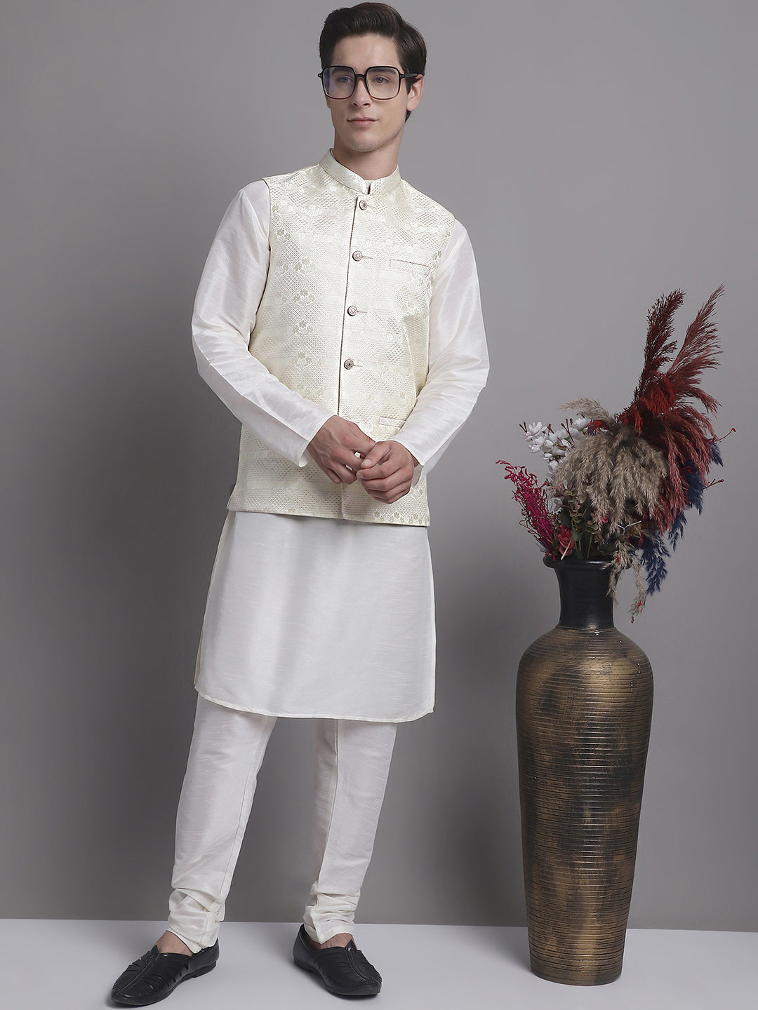 Jompers Men's Cream Woven Design Nehru Jacket | Grocsy