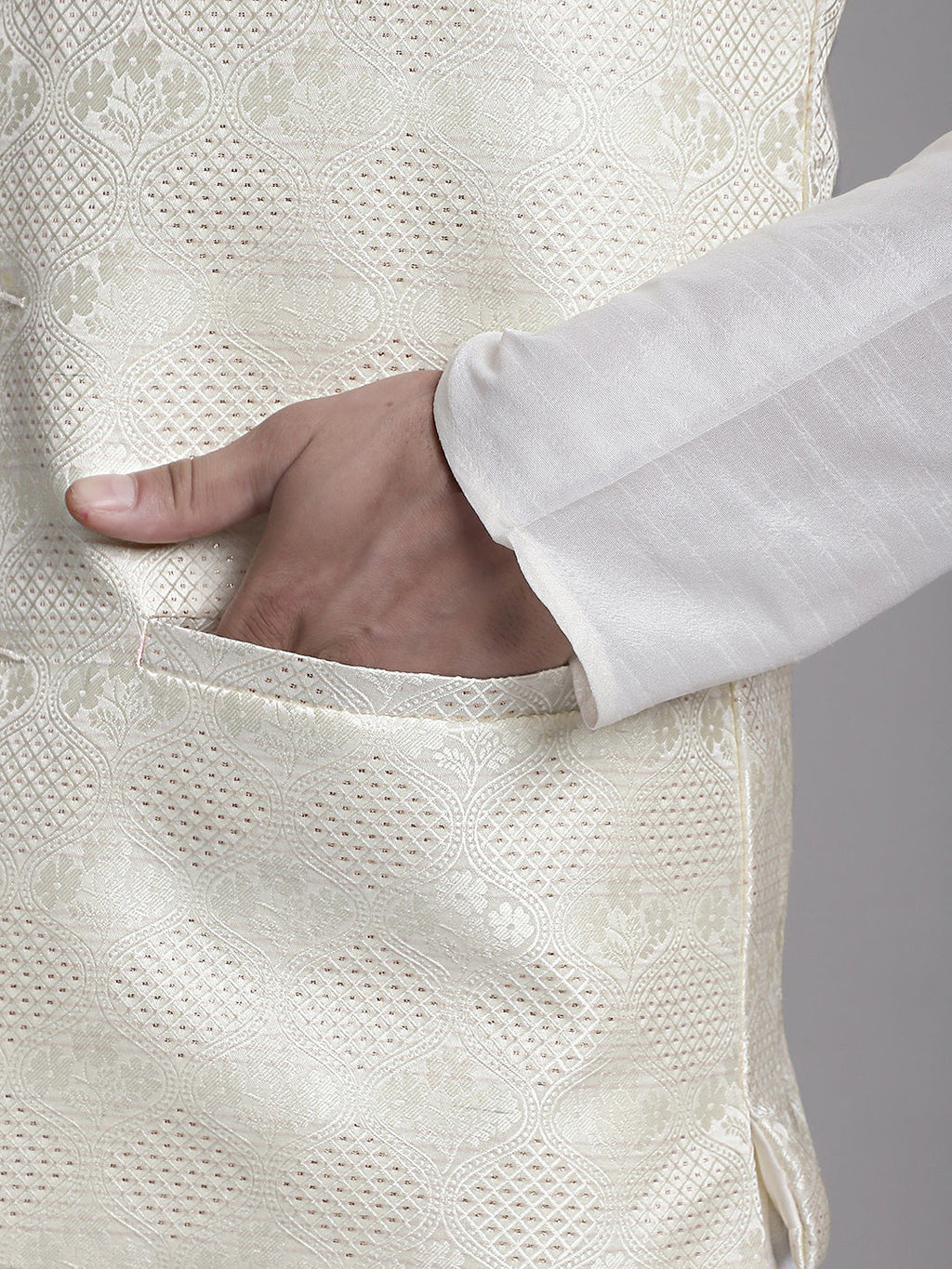 Jompers Men's Cream Woven Design Nehru Jacket | Grocsy
