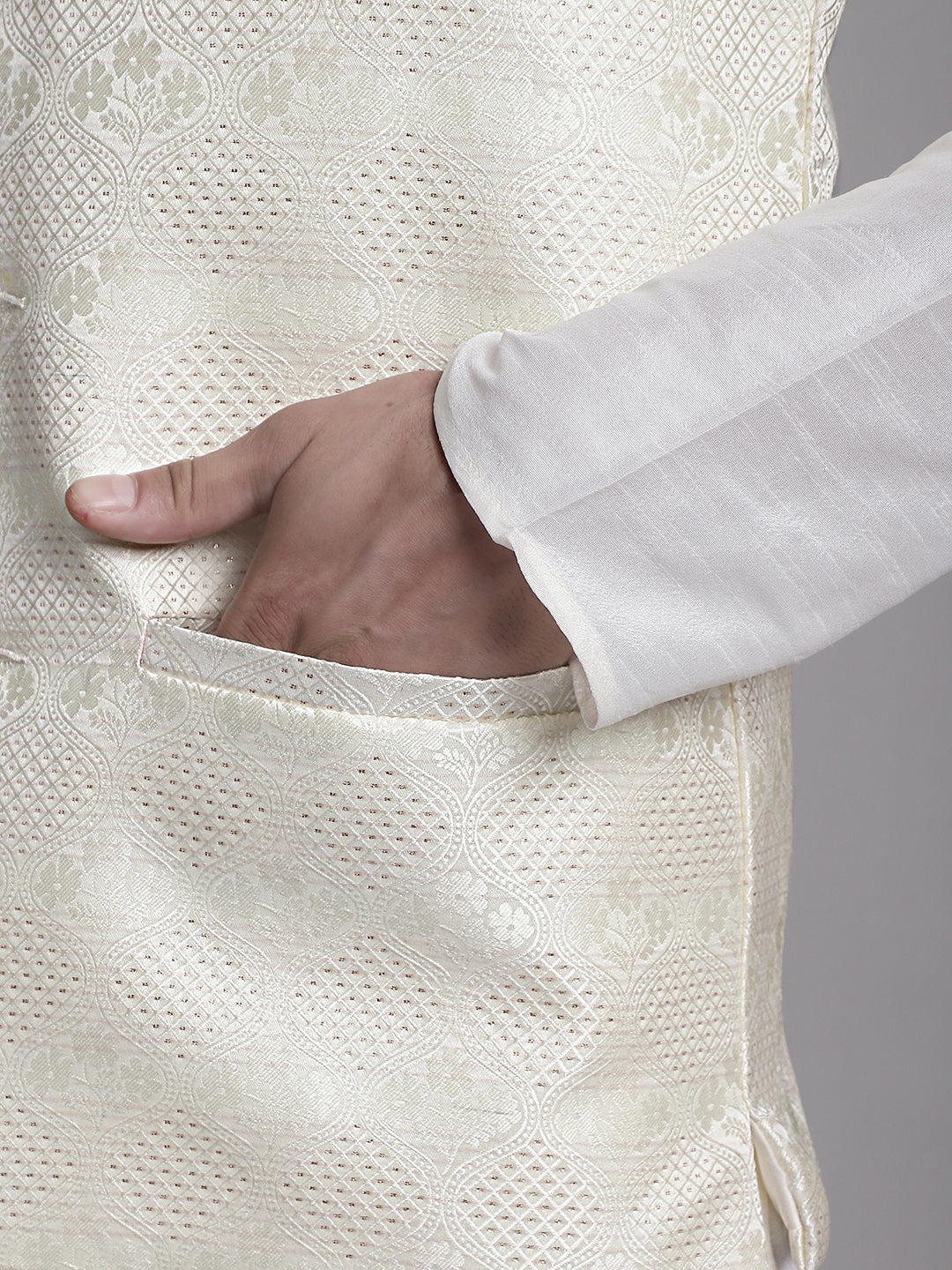Jompers Men's Cream Woven Design Nehru Jacket | Grocsy