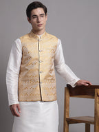 Jompers Men's Golden Woven Design Nehru Jacket | Grocsy
