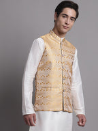 Jompers Men's Golden Woven Design Nehru Jacket | Grocsy