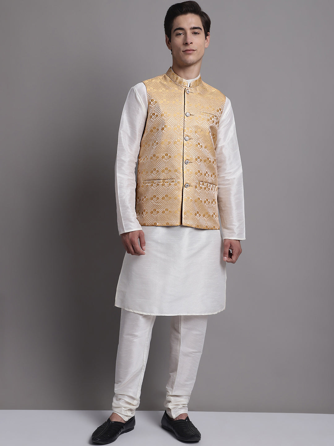 Jompers Men's Golden Woven Design Nehru Jacket | Grocsy