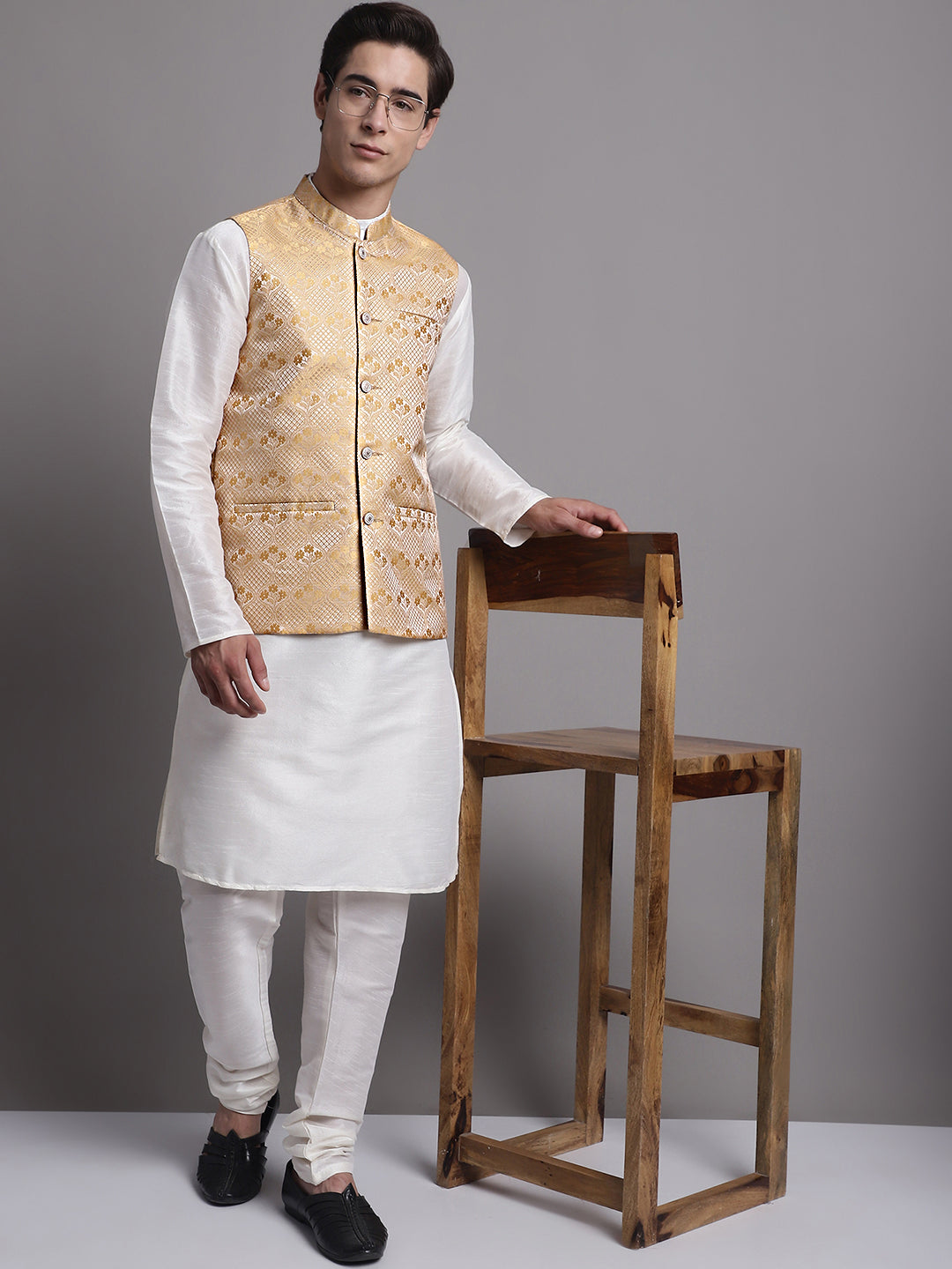 Jompers Men's Golden Woven Design Nehru Jacket | Grocsy