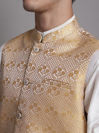 Jompers Men's Golden Woven Design Nehru Jacket | Grocsy