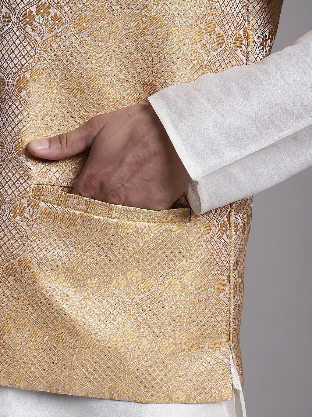 Jompers Men's Golden Woven Design Nehru Jacket | Grocsy