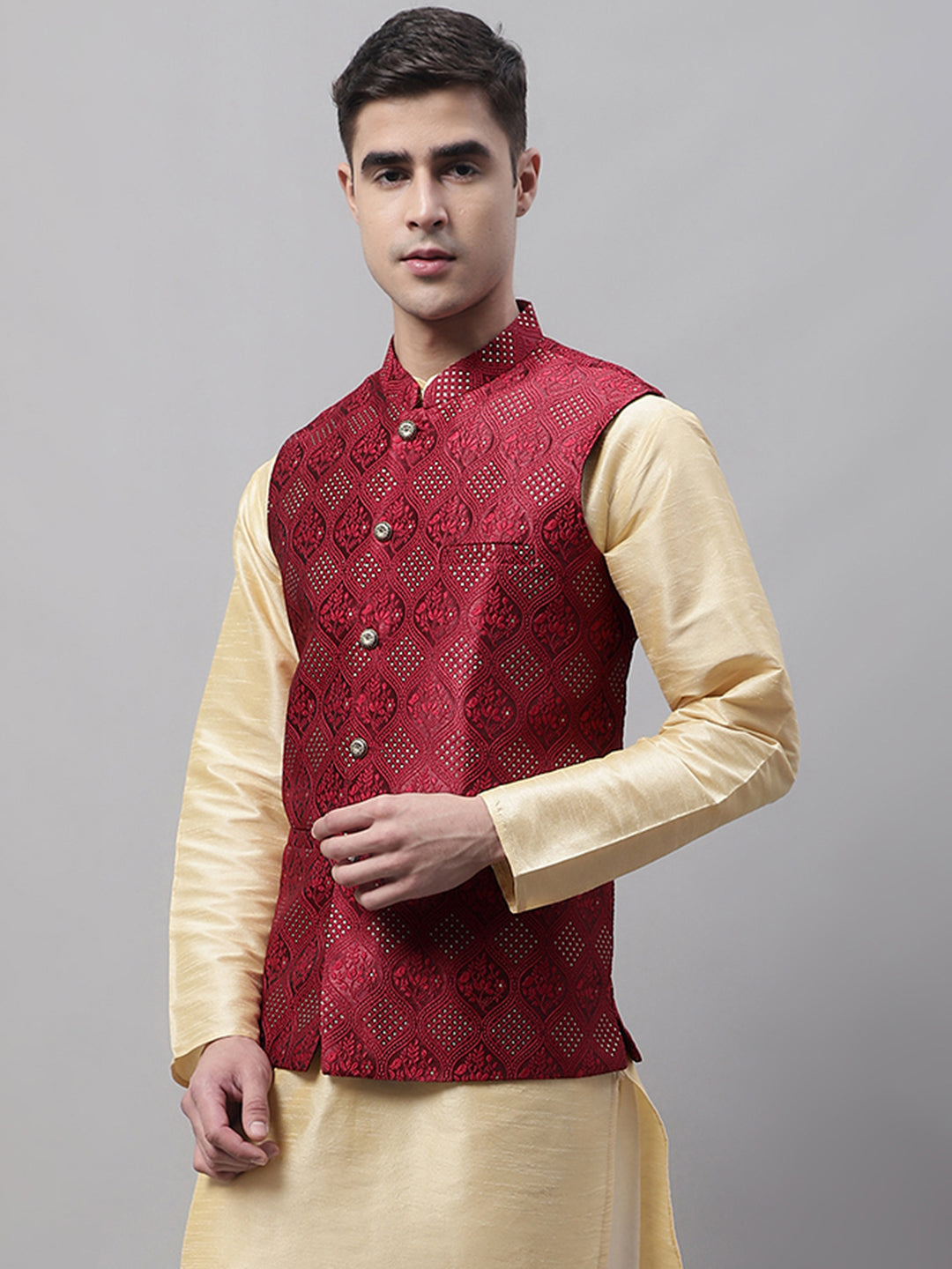 Jompers Men's Maroon Woven Design Waistcoats | Grocsy