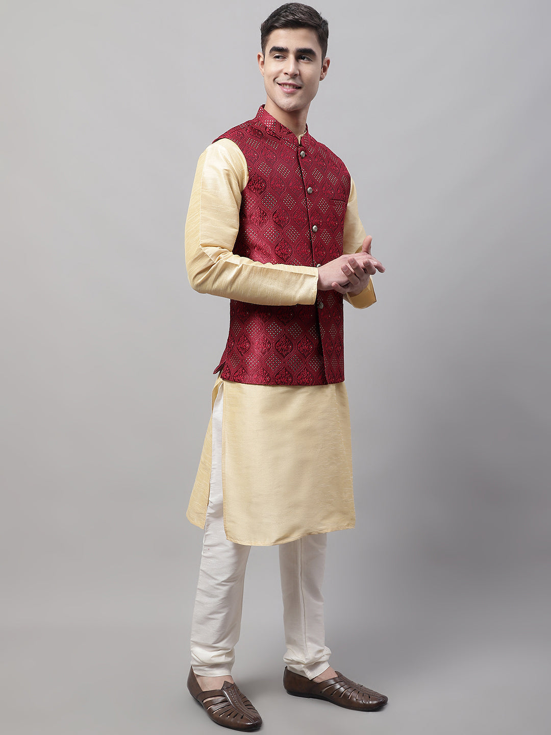 Jompers Men's Maroon Woven Design Waistcoats | Grocsy