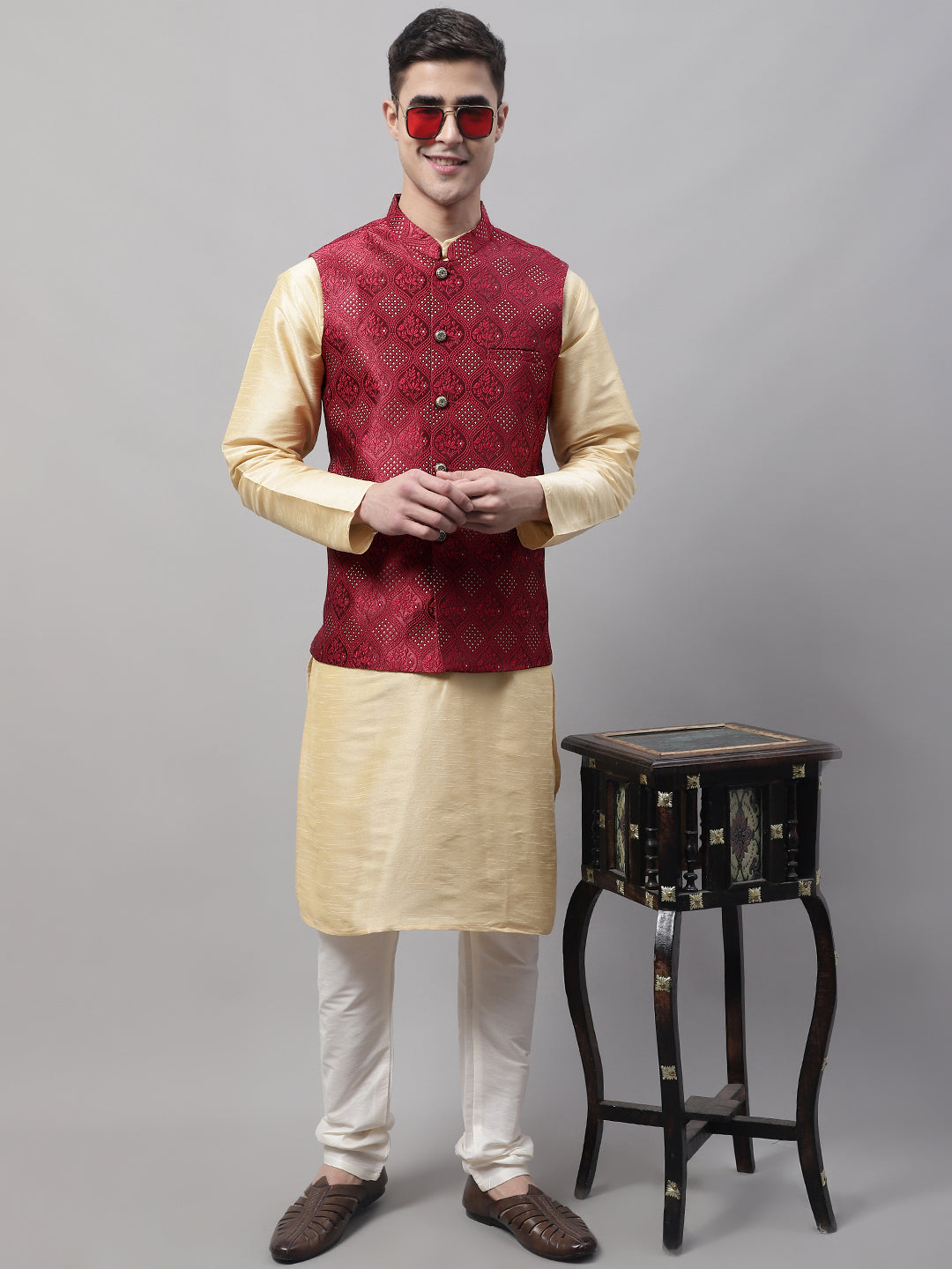 Jompers Men's Maroon Woven Design Waistcoats | Grocsy