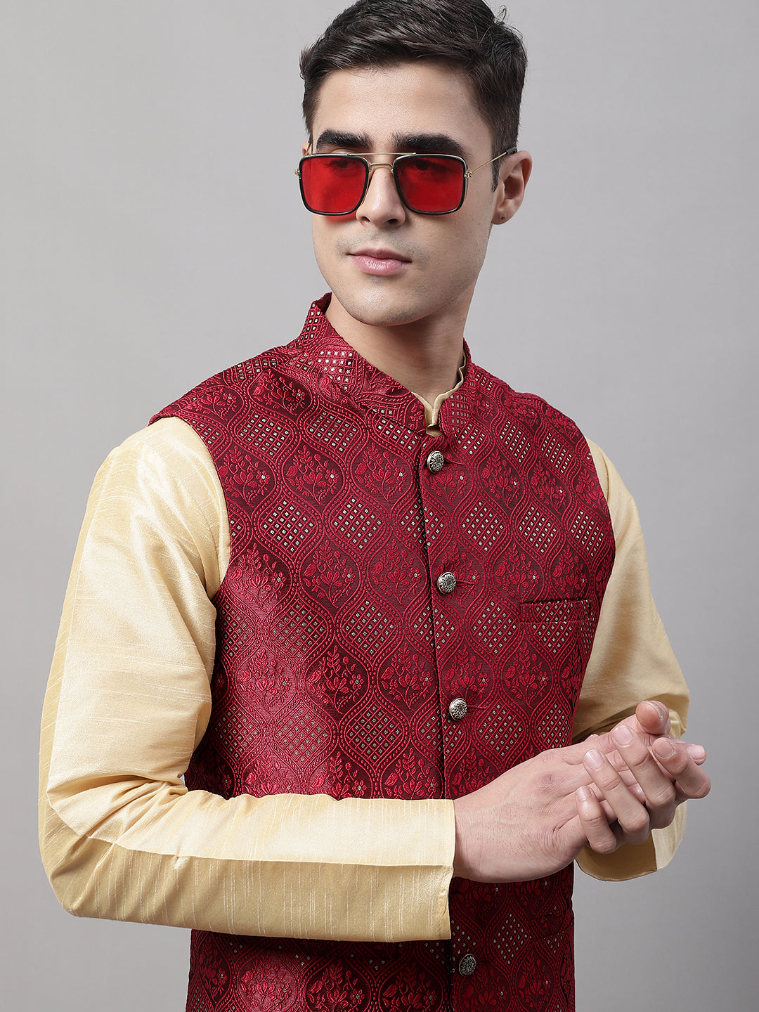 Jompers Men's Maroon Woven Design Waistcoats | Grocsy