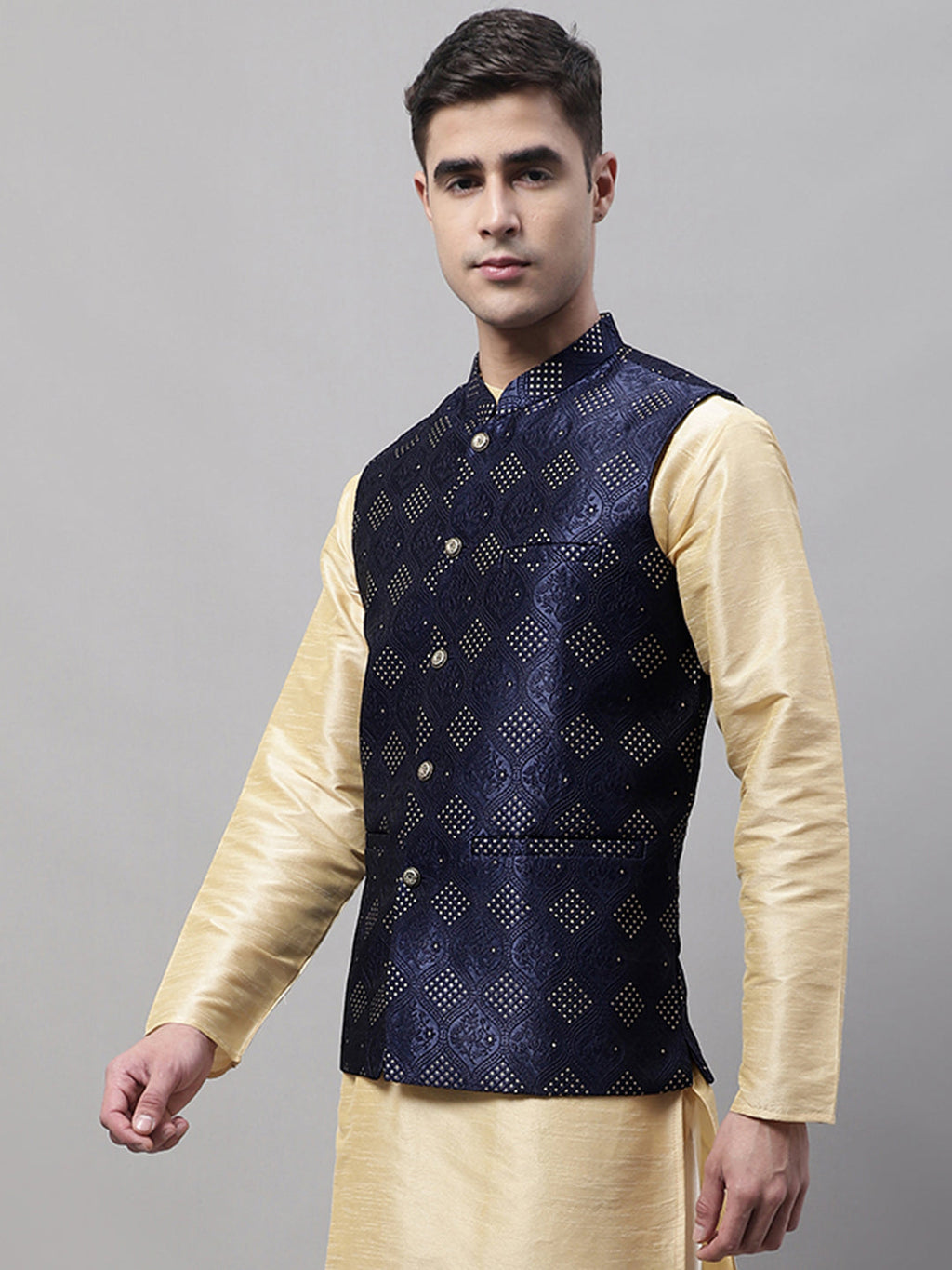 Jompers Men's Navy Blue Woven Design Waistcoats | Grocsy