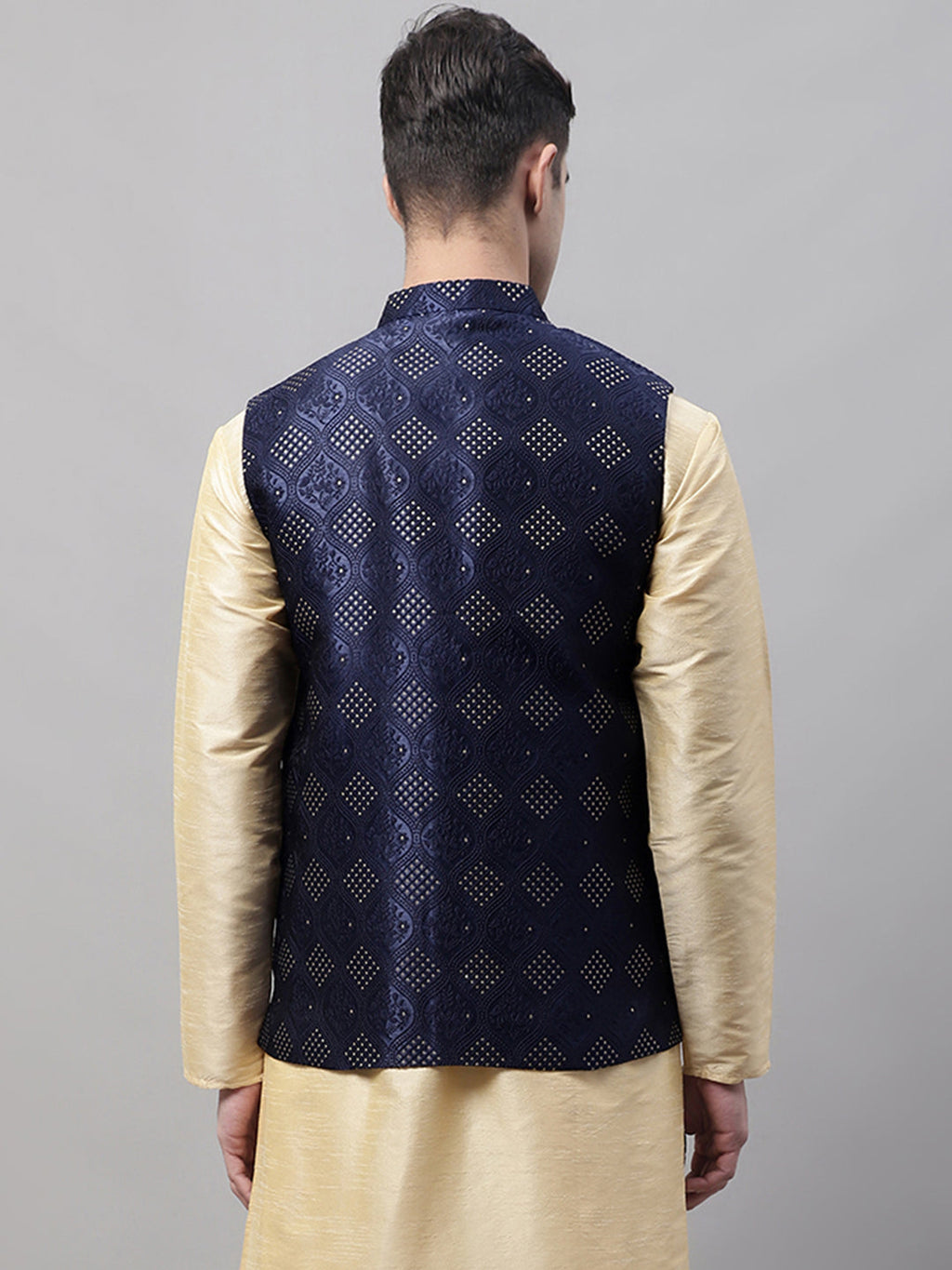 Jompers Men's Navy Blue Woven Design Waistcoats | Grocsy