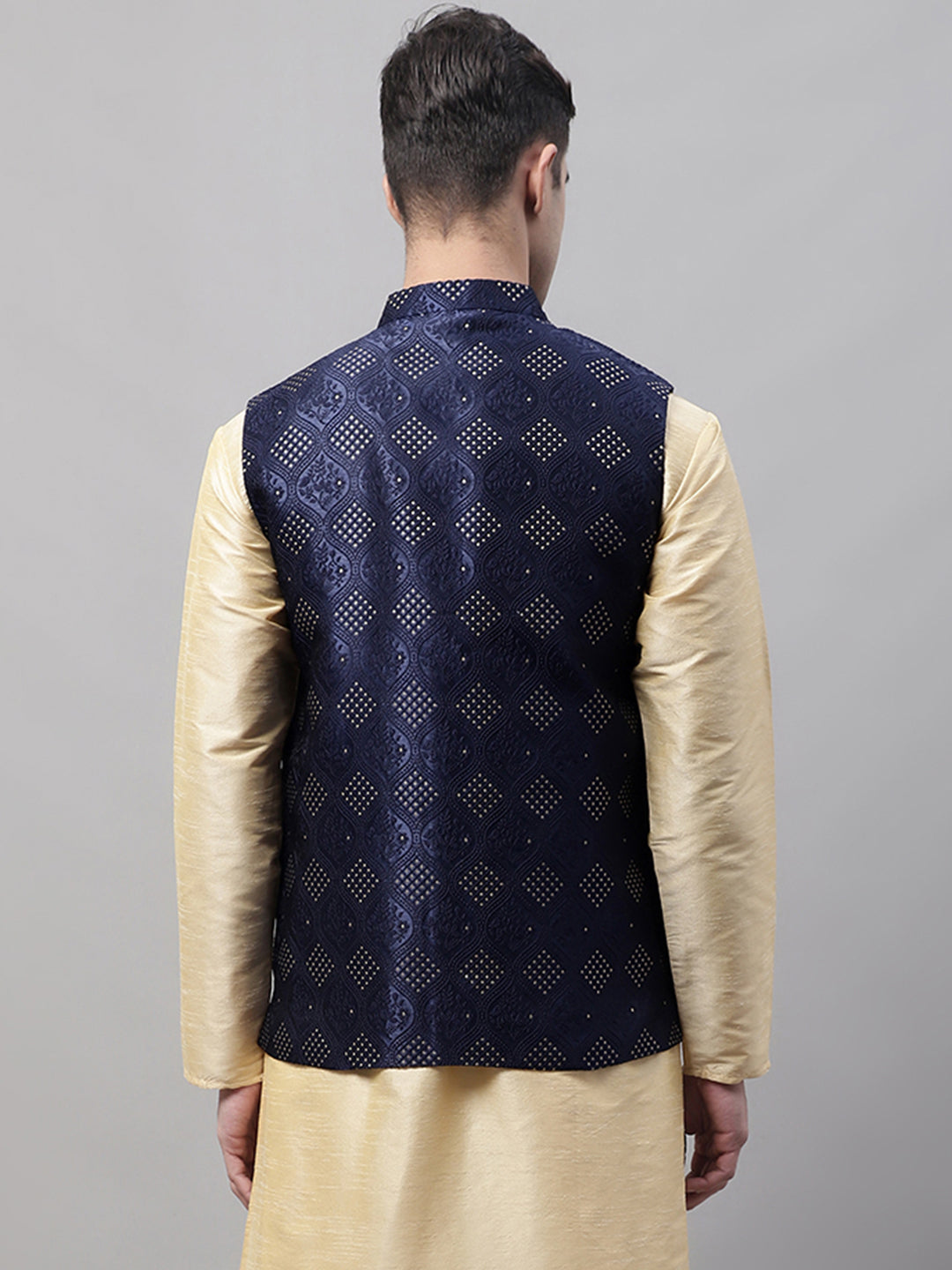 Jompers Men's Navy Blue Woven Design Waistcoats | Grocsy
