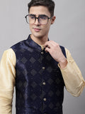 Jompers Men's Navy Blue Woven Design Waistcoats | Grocsy