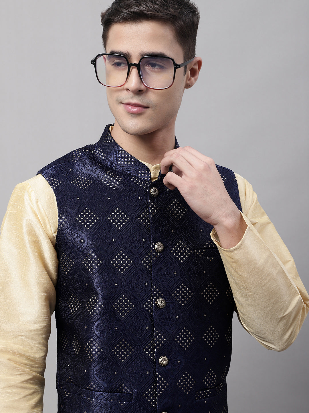 Jompers Men's Navy Blue Woven Design Waistcoats | Grocsy
