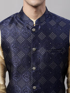 Jompers Men's Navy Blue Woven Design Waistcoats | Grocsy