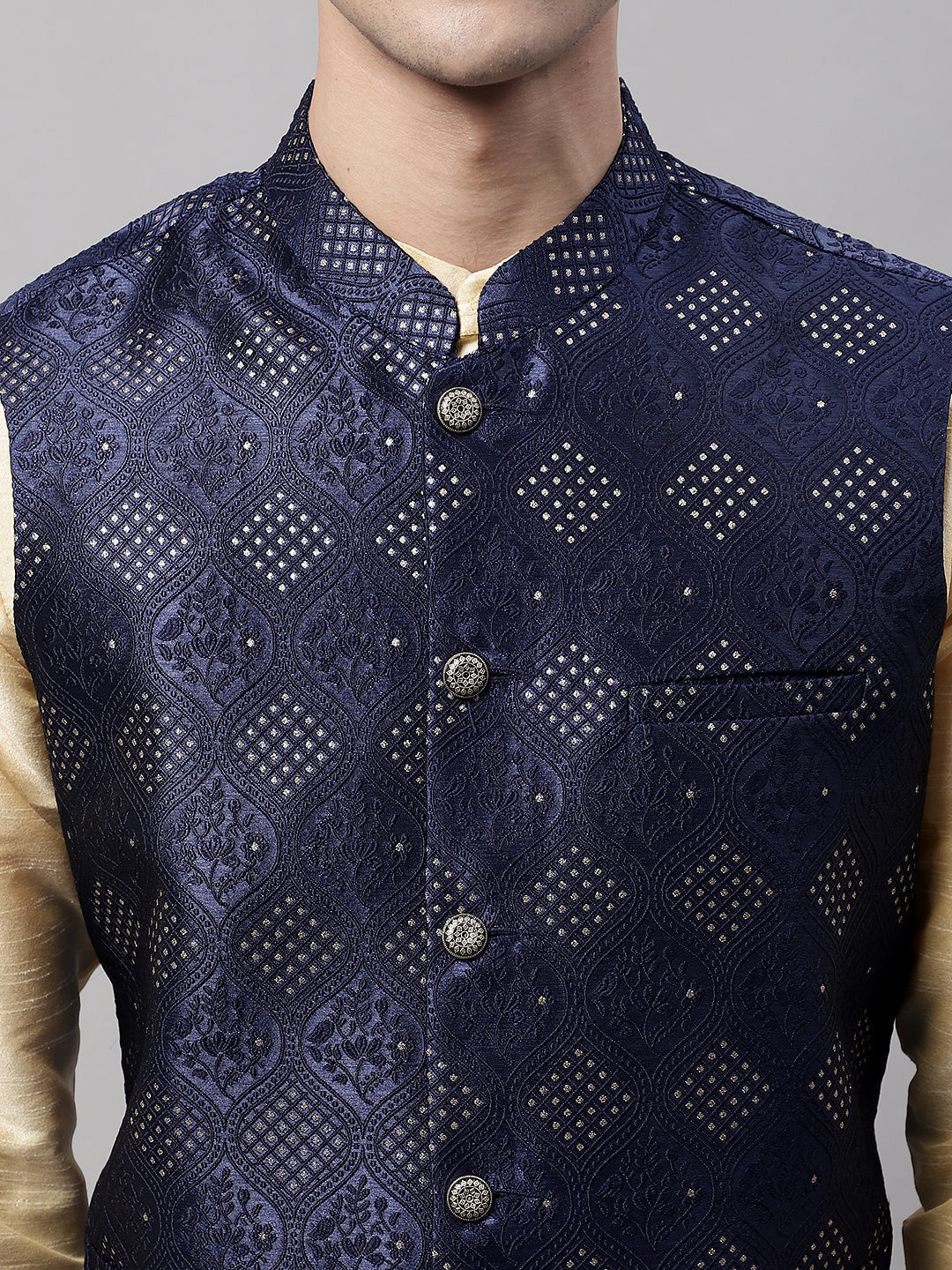 Jompers Men's Navy Blue Woven Design Waistcoats | Grocsy