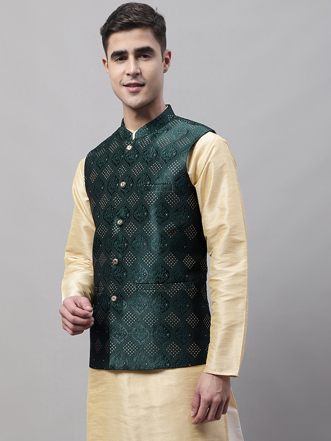 Jompers Men's Olive Green Woven Design Waistcoats | Grocsy