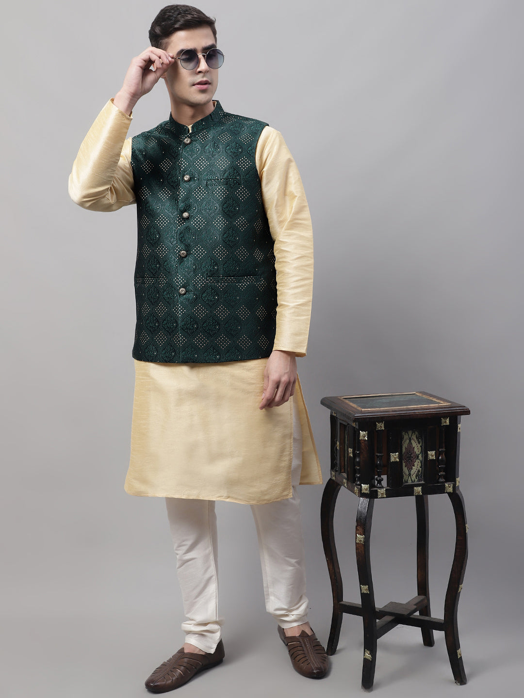 Jompers Men's Olive Green Woven Design Waistcoats | Grocsy