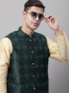 Jompers Men's Olive Green Woven Design Waistcoats | Grocsy
