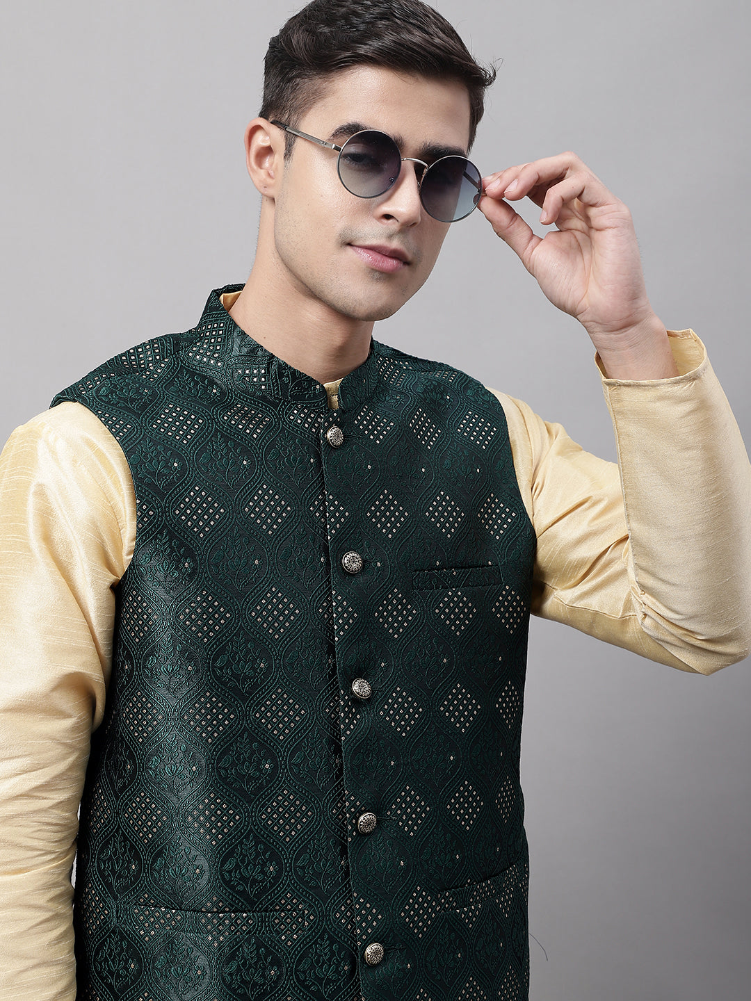 Jompers Men's Olive Green Woven Design Waistcoats | Grocsy