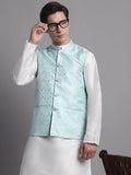 Jompers Men's Turquoise Blue Woven Design Nehru Jacket | Grocsy