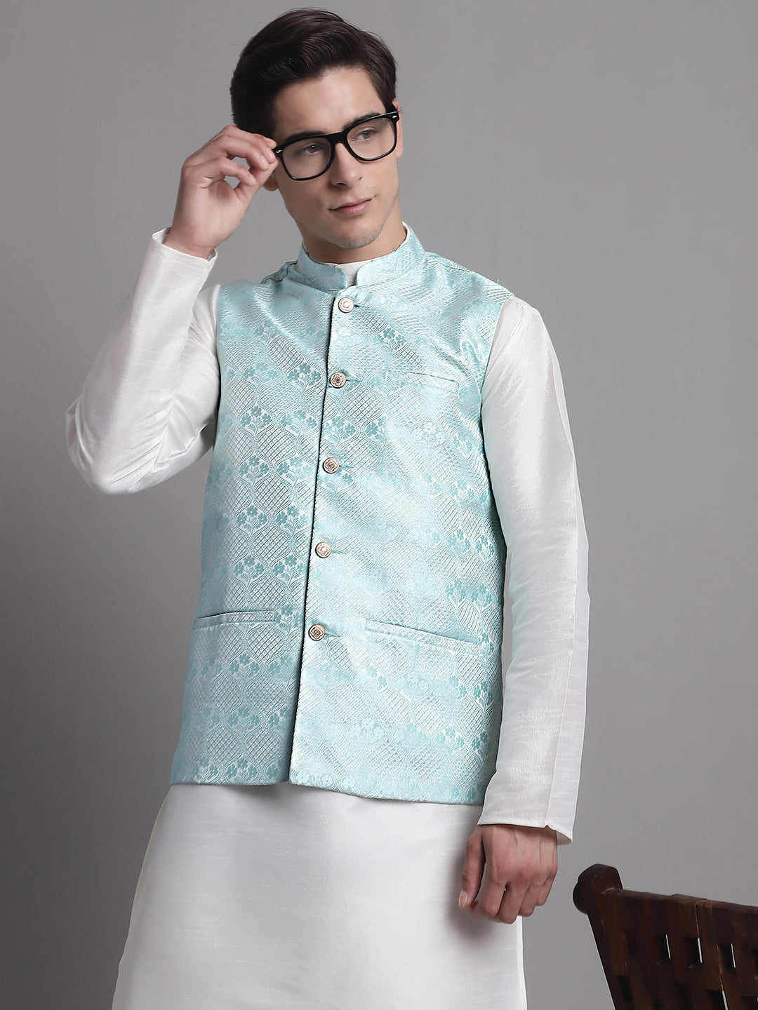 Jompers Men's Turquoise Blue Woven Design Nehru Jacket | Grocsy