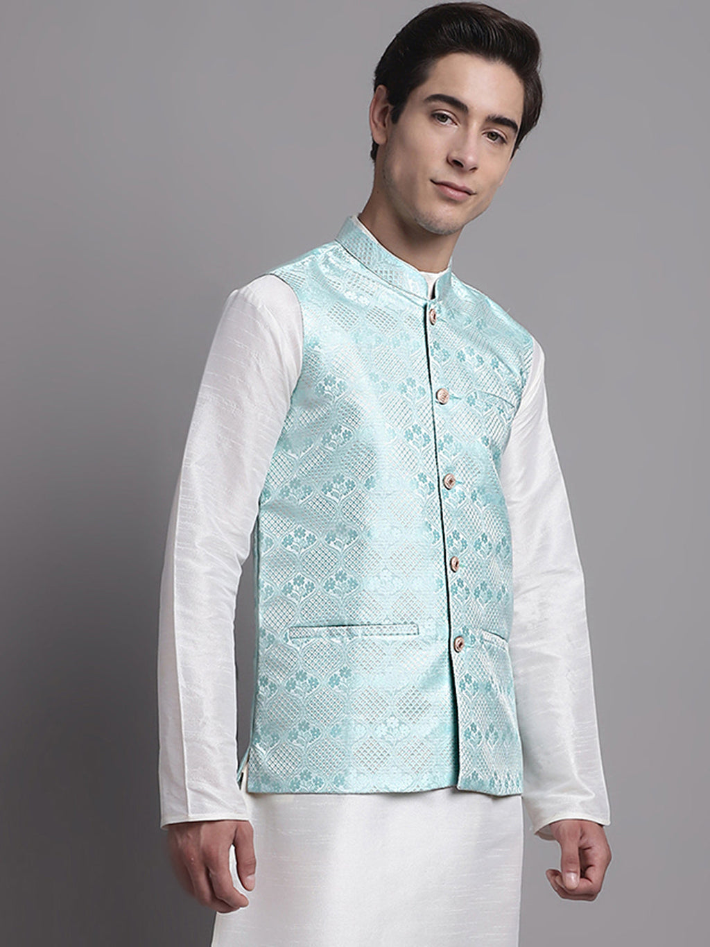 Jompers Men's Turquoise Blue Woven Design Nehru Jacket | Grocsy