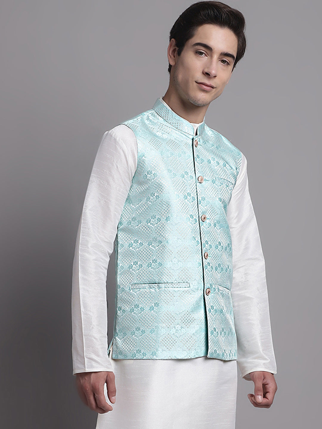 Jompers Men's Turquoise Blue Woven Design Nehru Jacket | Grocsy