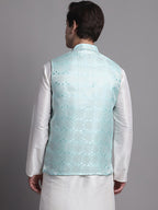 Jompers Men's Turquoise Blue Woven Design Nehru Jacket | Grocsy