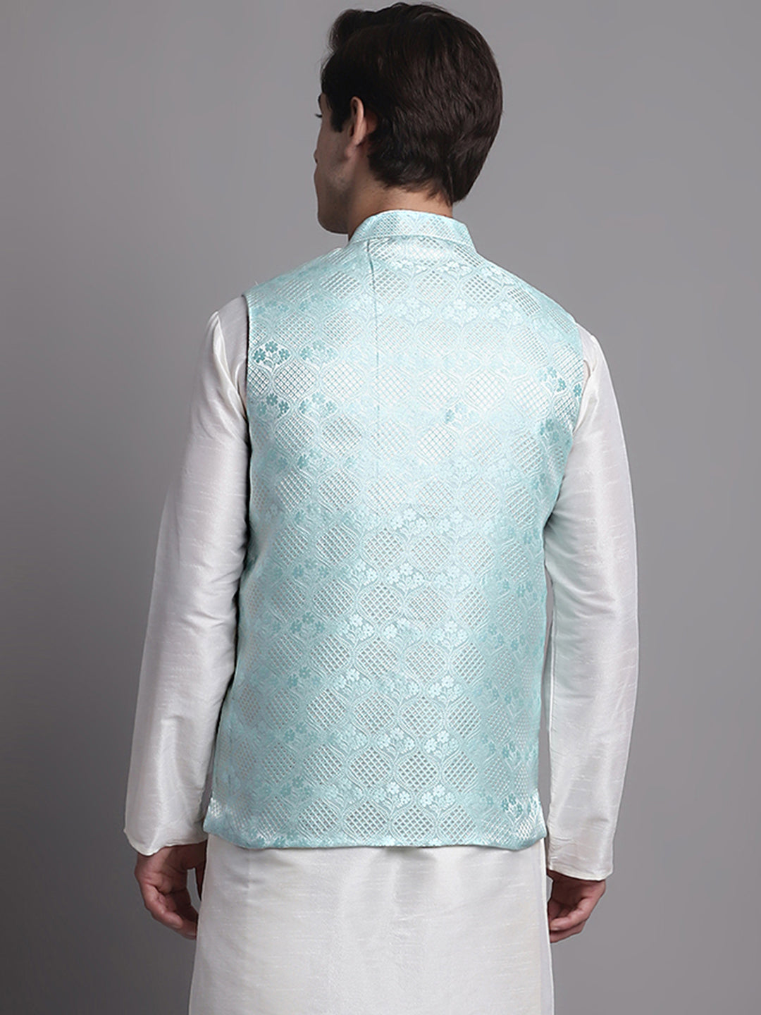 Jompers Men's Turquoise Blue Woven Design Nehru Jacket | Grocsy