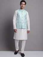 Jompers Men's Turquoise Blue Woven Design Nehru Jacket | Grocsy