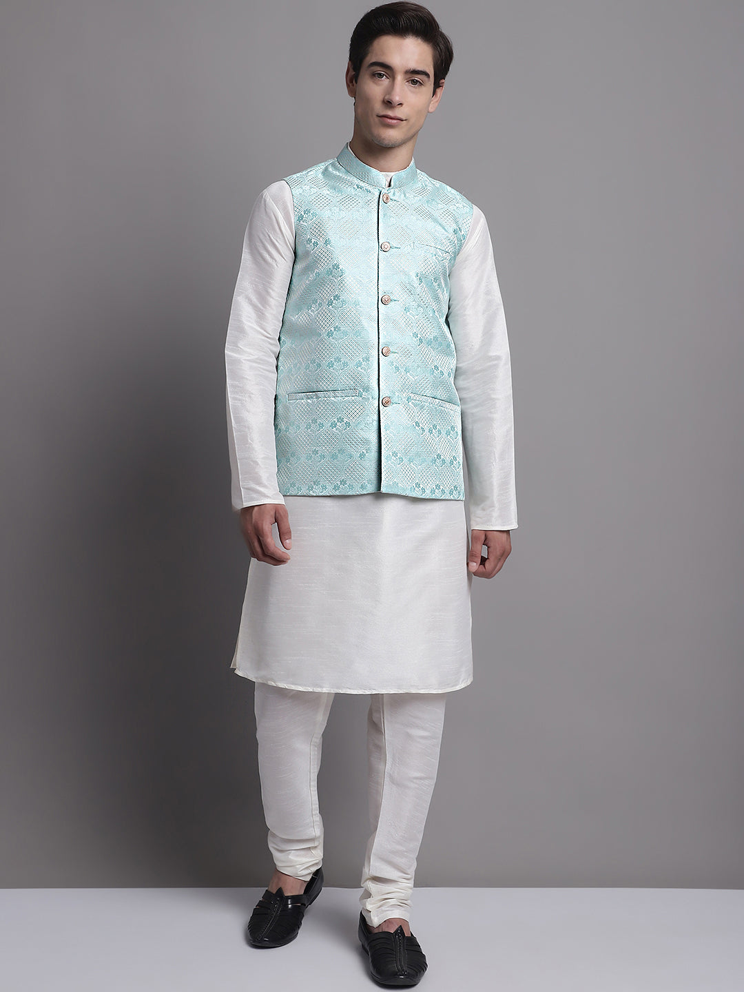 Jompers Men's Turquoise Blue Woven Design Nehru Jacket | Grocsy