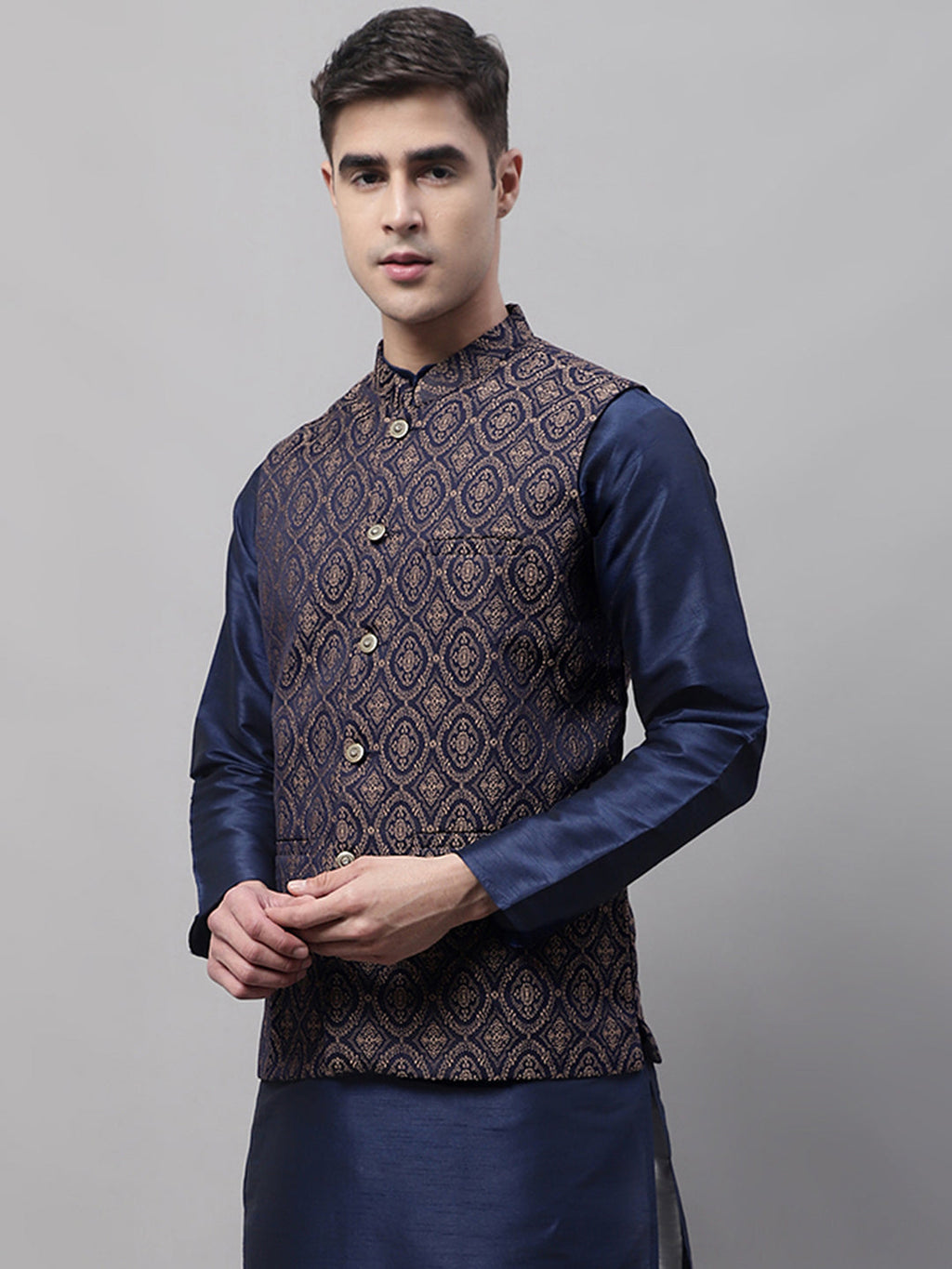 Jompers Men's Navy Blue and Brown Woven Design Waistcoats | Grocsy