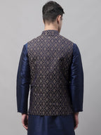 Jompers Men's Navy Blue and Brown Woven Design Waistcoats | Grocsy