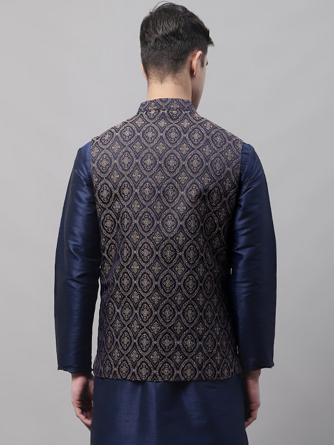 Jompers Men's Navy Blue and Brown Woven Design Waistcoats | Grocsy