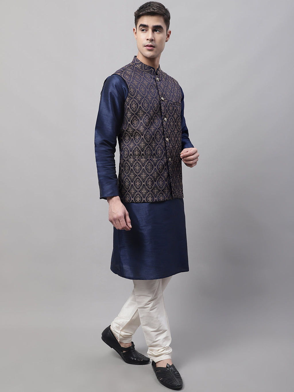 Jompers Men's Navy Blue and Brown Woven Design Waistcoats | Grocsy