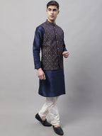 Jompers Men's Navy Blue and Brown Woven Design Waistcoats | Grocsy