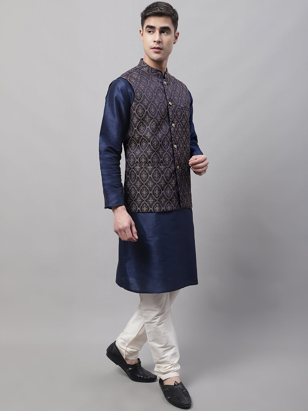 Jompers Men's Navy Blue and Brown Woven Design Waistcoats | Grocsy