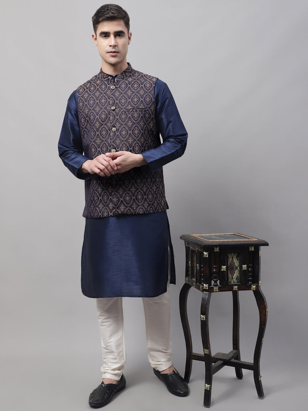 Jompers Men's Navy Blue and Brown Woven Design Waistcoats | Grocsy