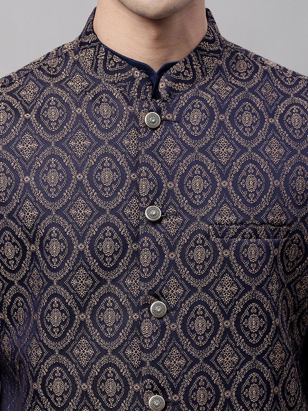 Jompers Men's Navy Blue and Brown Woven Design Waistcoats | Grocsy