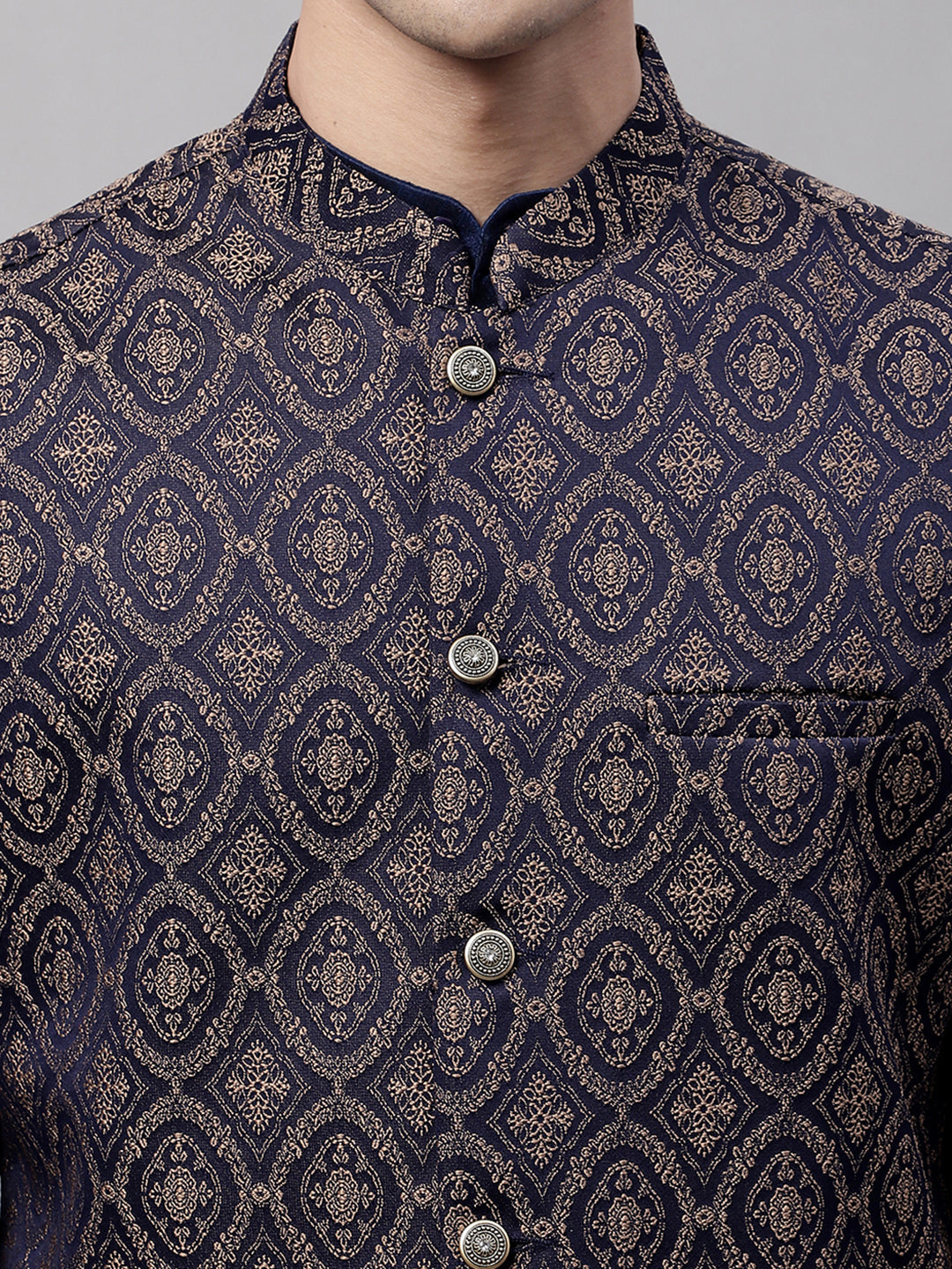 Jompers Men's Navy Blue and Brown Woven Design Waistcoats | Grocsy