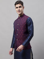Jompers Men's Navy Blue and Maroon Woven Design Waistcoats | Grocsy