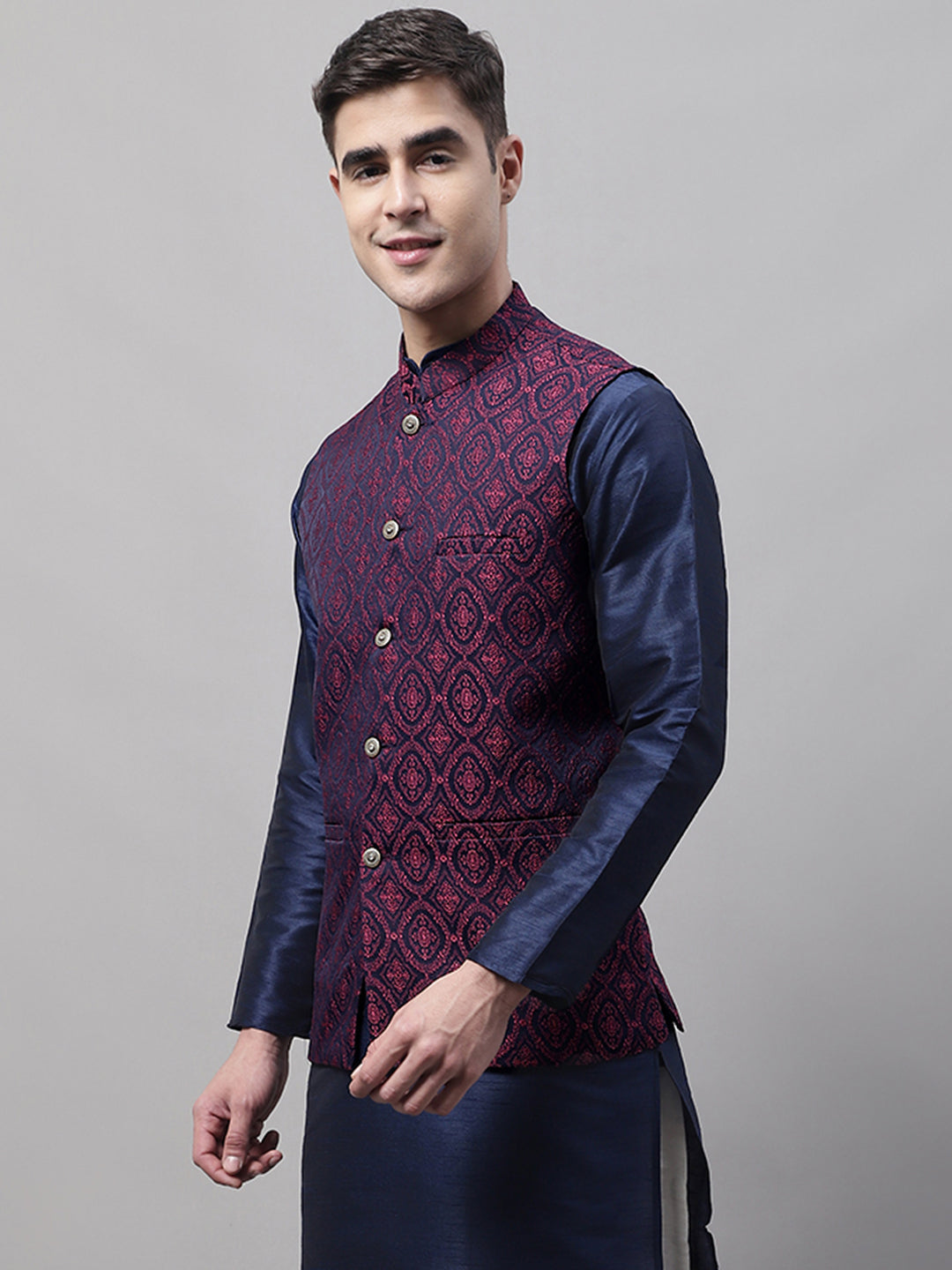 Jompers Men's Navy Blue and Maroon Woven Design Waistcoats | Grocsy